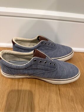 Sperry Men’s Blue Canvas Slip-On Sneakers with Brown Accents